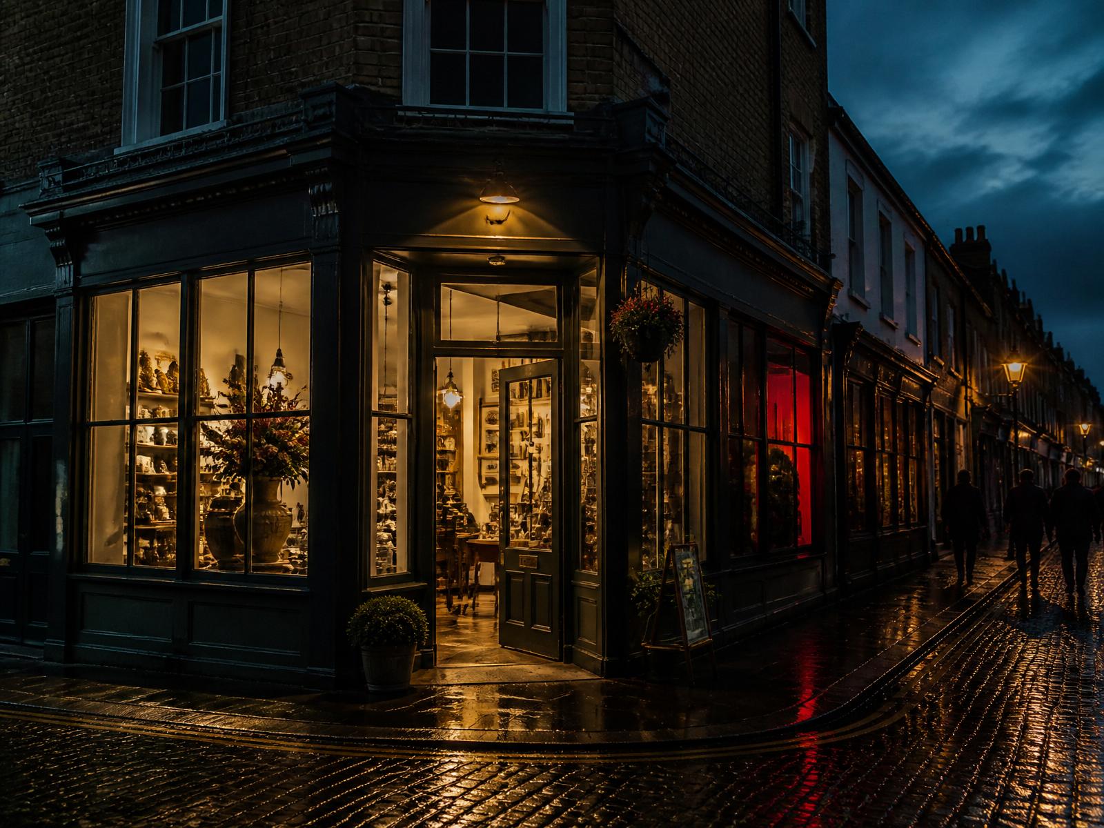 A warmly lit UK shopfront at dusk on a rain-slicked cobbled street